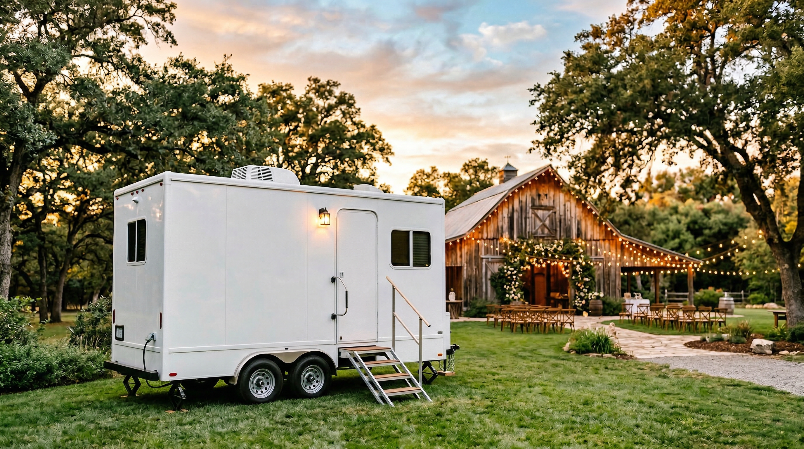 Clean, modern restroom trailer parked at a beautiful outdoor barn wedding venue at golden hour