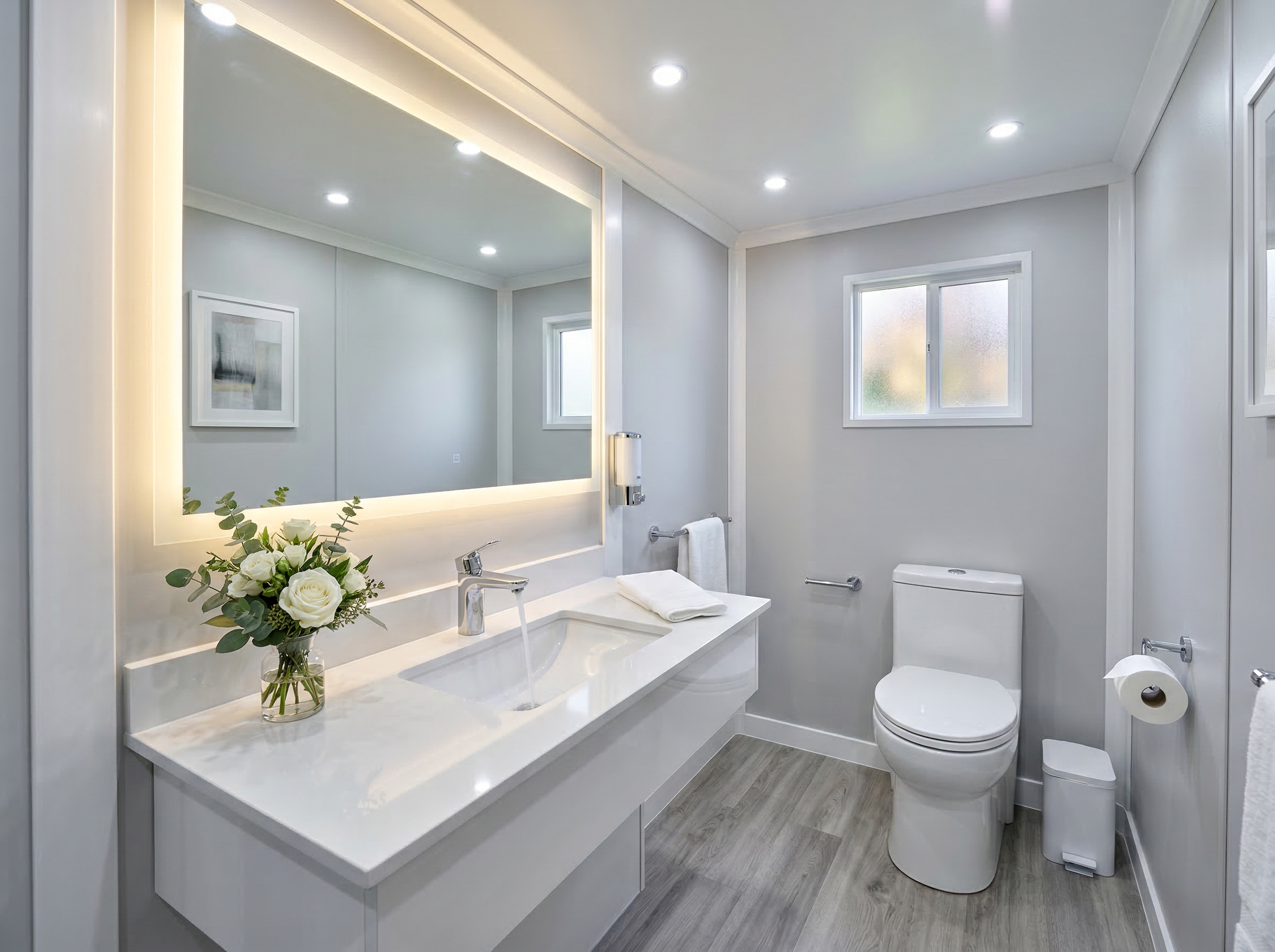 Bright, clean interior of a modern restroom trailer with flushing toilet, vanity sink, LED lighting, and fresh flowers
